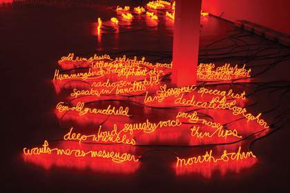 Jill Magid I Can Burn Your Face Miranda III 2008 neon words glowing red like they are flames