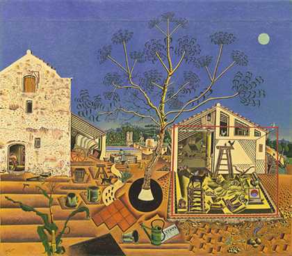 Joan Miro oil painting of a farm with blue sky