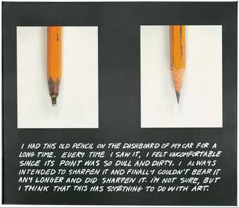 Joh Baldesarri The Pencil Story 1972 to 1973 two photographs of a dull and a sharp pencil with a story about sharpening the dull pencil.