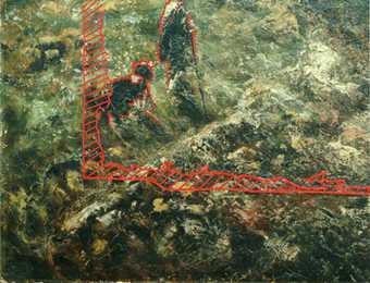 Detail from Sketch for Hadleigh Castle, lower left corner. Area of red striations indicates original paint loss as revealed by the X-ray