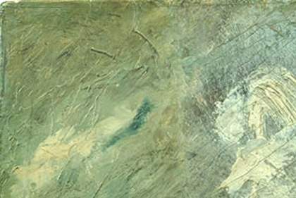 Detail from Sketch for Hadleigh Castle, upper left, showing variations in paint application and crack pattern between addition at left and main canvas at right