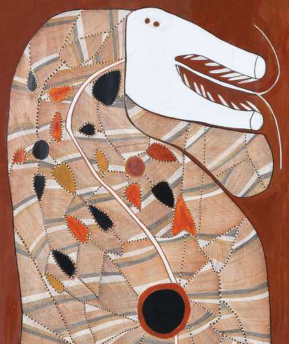 John Mawurndjul, Ngalyod (detail), 2012, earth pigments on Stringybark (Eucalyptus tetrodonta), Museum of Contemporary Art, purchased with funds provided by the MCA Foundation, 2015 © John Mawurndjul / Copyright Agency, 2021, photograph: Jessica Maurer
