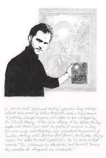 Michael Rakowitz Jonathan Earl Bowser 2009 a drawing of a man holding a book with a painting behind. There is a caption text underneath the drawing.