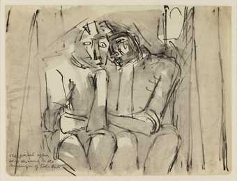 Pen wash sketch of two figures sitting, resting on each other's shoulder