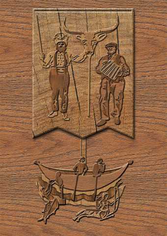 Juneau Projects 2008 relief in wood depicting a  boat with a mermaid and a centaur below it the sale depicts a bulls head a man playing the harpsichord another man brandishing a sword