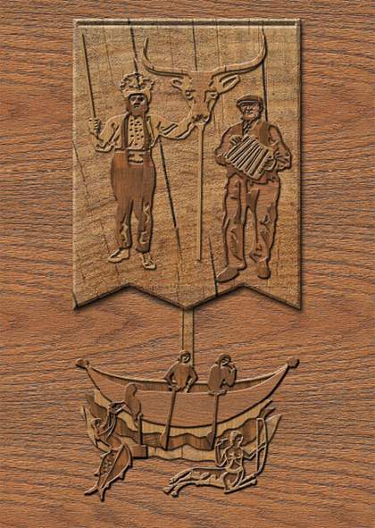 Juneau Projects 2008 relief in wood depicting a boat with a mermaid and a centaur below it the sale depicts a bulls head a man playing the harpsichord another man brandishing a sword