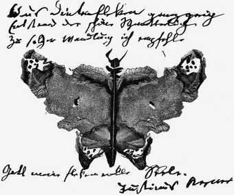 Justinus Kerner A signature illustrated with a Klecksographie 1879 image of a moth made from an ink blot with text at the top and bottom of the picture