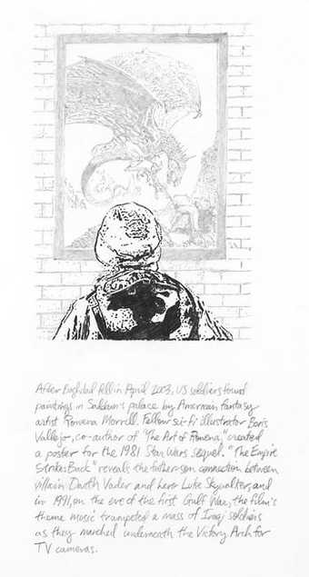 Michael Rakowitz King Dragon 2009 Drawing of a soldier looking at a painting. Text underneath the drawing.