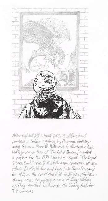 Michael Rakowitz King Dragon 2009 Drawing of a soldier looking at a painting. Text underneath the drawing.