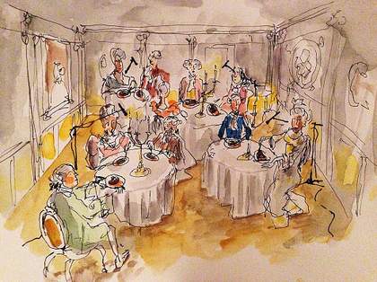 Ragnar Kjartansson Variation on Meat Joy 2013, colour drawing of people at function dining