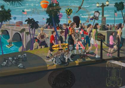 Painting showing a group of people walking near and across London bridge