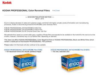 Discontinuation notice regarding all remaining slide stocks by Kodak
