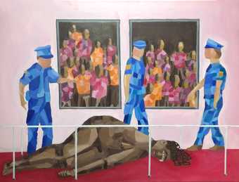 painting of an art gallery with a woman on the floor surrounded by police officers