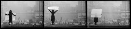 KwieKulik Open Form – Tribune of Honour, Poland 1971 showing three black and white film frames of a woman holding big white card