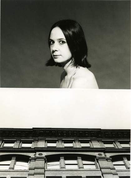 split image black and white image of a building and a woman