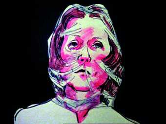 Film still illustrative self-portrait of Maria Lassnig showing her with a bright pink face