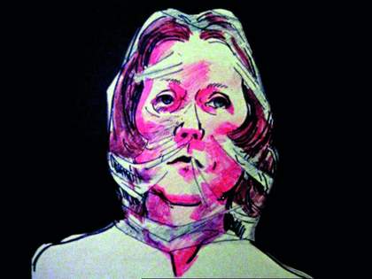 Film still illustrative self-portrait of Maria Lassnig showing her with a bright pink face