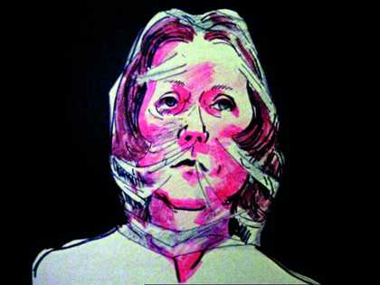 Film still illustrative self-portrait of Maria Lassnig showing her with a bright pink face