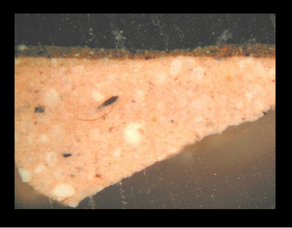 Fig.5 Cross-section through brown paint at the lower left edge, photographed at x260 magnification.