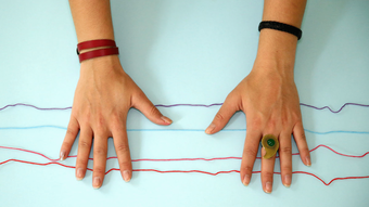 Photograph of a pair of hands making a friendship bracelet 