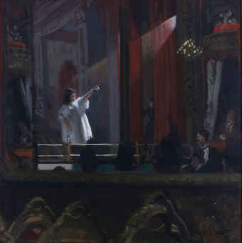 painting of a performer in a white dress, spotlit on a stage and surrounded by an audience.