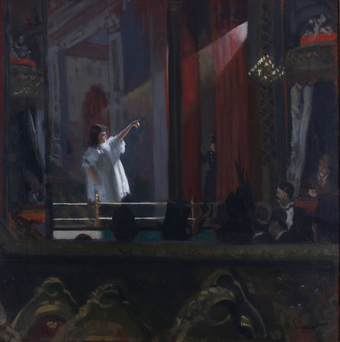 painting of a performer in a white dress, spotlit on a stage and surrounded by an audience