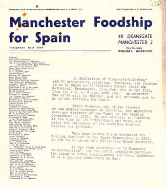 Leaflet announcing the Guernica exhibition, distributed by Manchester Foodship for Spain campaign, 1939