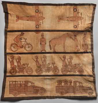Nigerian leatherwork panel with illustrations of areoplanes, bicycle, transport and soldiers on metros