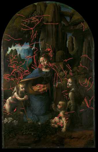 Leonardo da Vinci The Virgin of the Rocks Tracing of underdrawing superimposed on the original painting