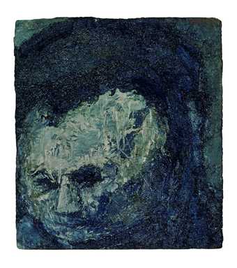 Heavy painted and expressive portrait of artist Leon Kossoff in dark colours including white, blue and black