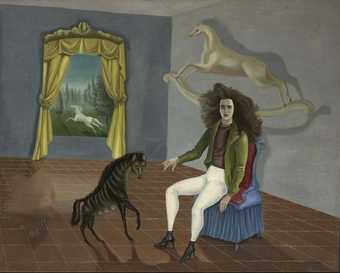 Painting of woman sitting on chair. Tree forms of equine animals are around her