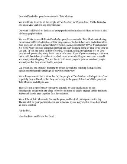 Letter from Nina Jan Beier and Marie Jan Lund to members of staff at Tate