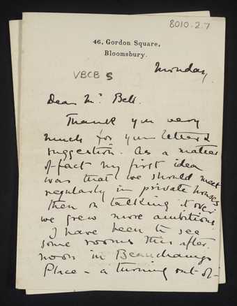 Letter from Vanessa Stephen [Bell] to Clive Bell about the Friday Club, Tate Archive