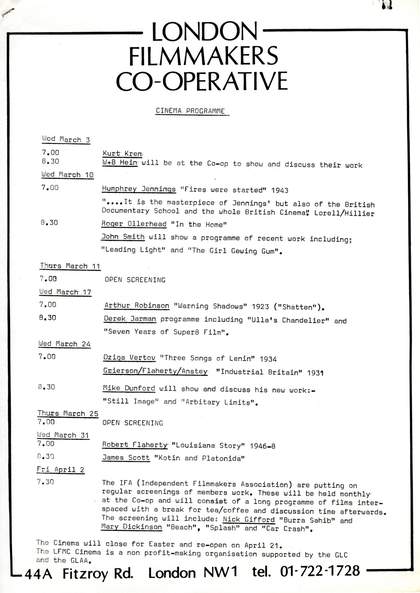 Programme listing for the premiere of John Smith's The Girl Chewing Gum 1976 at the London Film-makers' Co-operative on 10 March