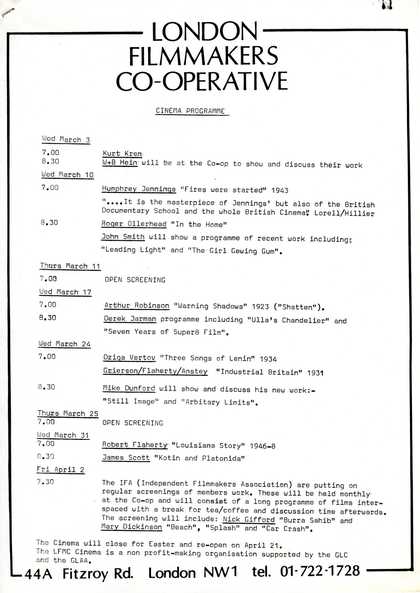 Programme listing for the premiere of John Smith's The Girl Chewing Gum 1976 at the London Film-makers' Co-operative on 10 March