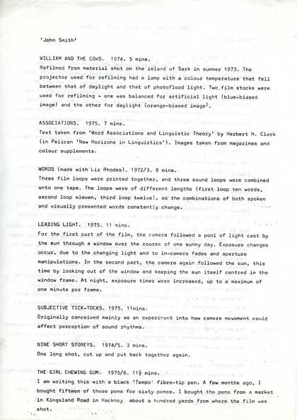 Programme notes for the premiere of John Smith's The Girl Chewing Gum 1976 at the London Film-makers' Co-operative on 10 March 1