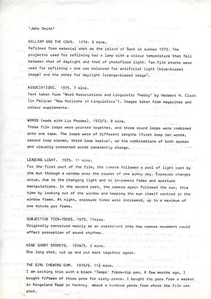 Programme notes for the premiere of John Smith's The Girl Chewing Gum 1976 at the London Film-makers' Co-operative on 10 March 1