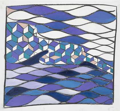 A handrawn square painting of a geometric patterned shape in the centre of a pattern of wavey lines creating a quilt effect