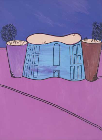 Painting of a house in the shape of a jelly mould with lots of windows and a flat roof in the shape of a figure eight with two tiny bikes in opposite corners. The house site between two tall vase shapes with trees and seating at the top