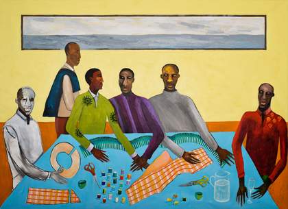 A painting of five figures sitting around a table covered in sewing equipment such as fabric scissors, a selection of coloured thread spools and a paper pattern, with a sixth figure stood passing behind the group around the table