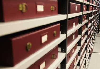 Shelves of stored items from the Tate Library and Archive collections
