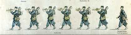 Planche 7: Chasseurs à pied (la fanfare) (Plate 7: Light Infantry) [composition of the regimental fanfare] Illustration from Jean Augé, L'Armée française d'Août 1914, Paris 1935 