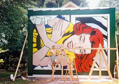 Roy Lichtenstein poses for the camera in front of Girl at Window (1964), made for the New York World's Fair, Flushing Meadows