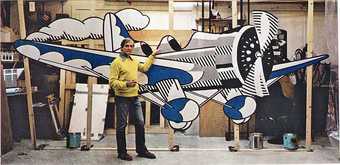 Roy Lichtenstein in his studio with Airplane 1978, created for the set of Kenneth Koch's play The Red Robins, published in L'Espresso, 30 May 1982