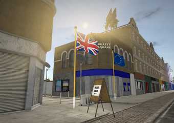 A graphic based image showing a row of high-street shops, a Union Jack flag flying and a sign pointing to a polling station