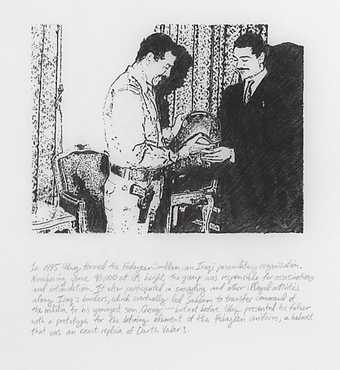 Michael Rakowitz The Lord, The Homeland, The Leader 2009 Drawing of two men in an interior. There is a caption text underneath the drawing.