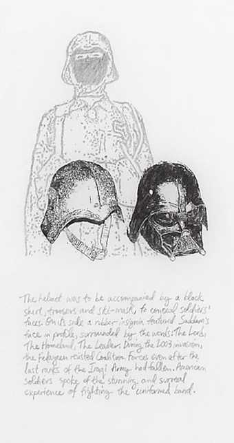 Michael Rakowitz The Lord, The Homeland, The Leader 2009 A drawing of a uniform with helmet. There is a caption text underneath the drawing.