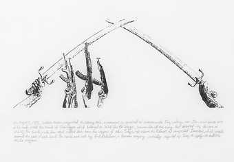 Michael Rakowitz The Lord, The Homeland, The Leader 2009 Drawing of weapons being waved in the air. There is a caption text underneath the drawing.