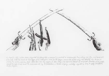 Michael Rakowitz The Lord, The Homeland, The Leader 2009 Drawing of weapons being waved in the air. There is a caption text underneath the drawing.