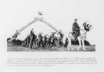 Michael Rakowitz The Lord, The Homeland, The Leader 2009 Drawing of an army led by a man (Saddam Hussein) on horseback marching underneath a monument of crossed swords. Text underneath drawing.